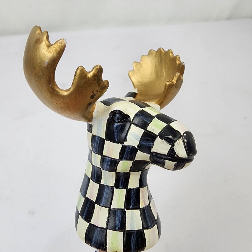 Mackenzie Childs Moose Wine Bottle Stopper Black / White Check - Gold Antlers